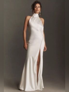 SAU LEE Penelope High-Neck Open-Back Satin Maxi Dress